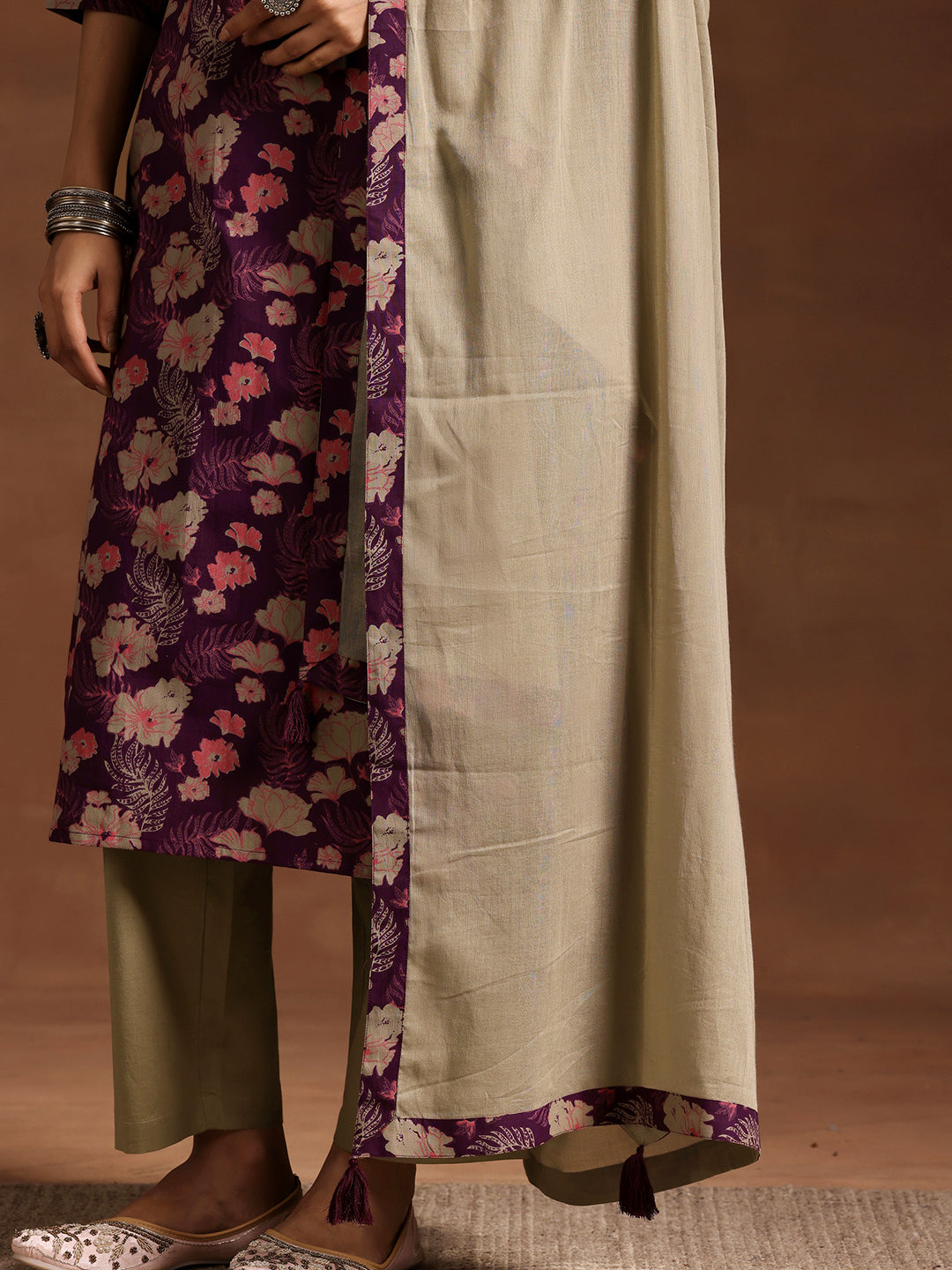 Wine Printed Cotton Straight Suit With Dupatta