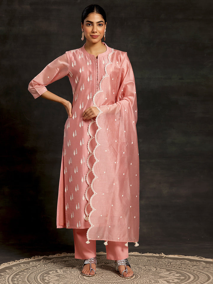Peach Embroidered Chanderi Silk Straight Suit With Dupatta