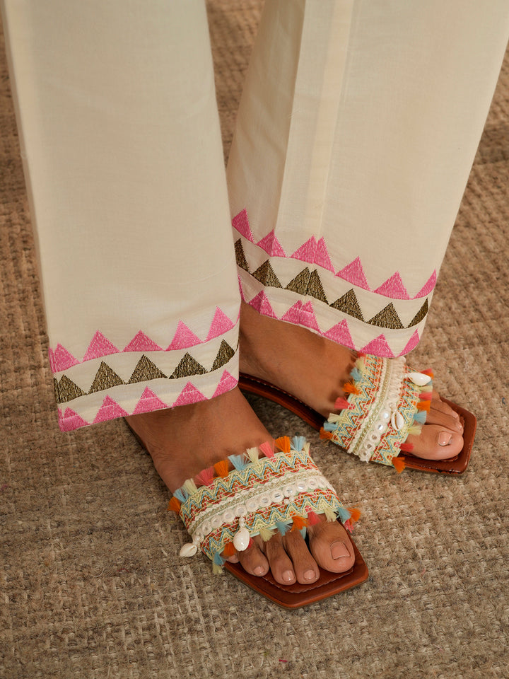 Off White Embroidered Cotton Straight Suit With Dupatta