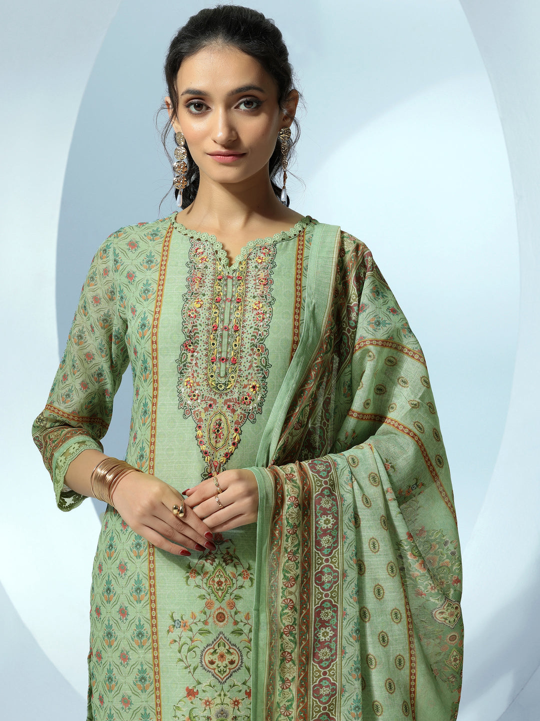 Green Printed Cotton Blend Straight Suit With Dupatta