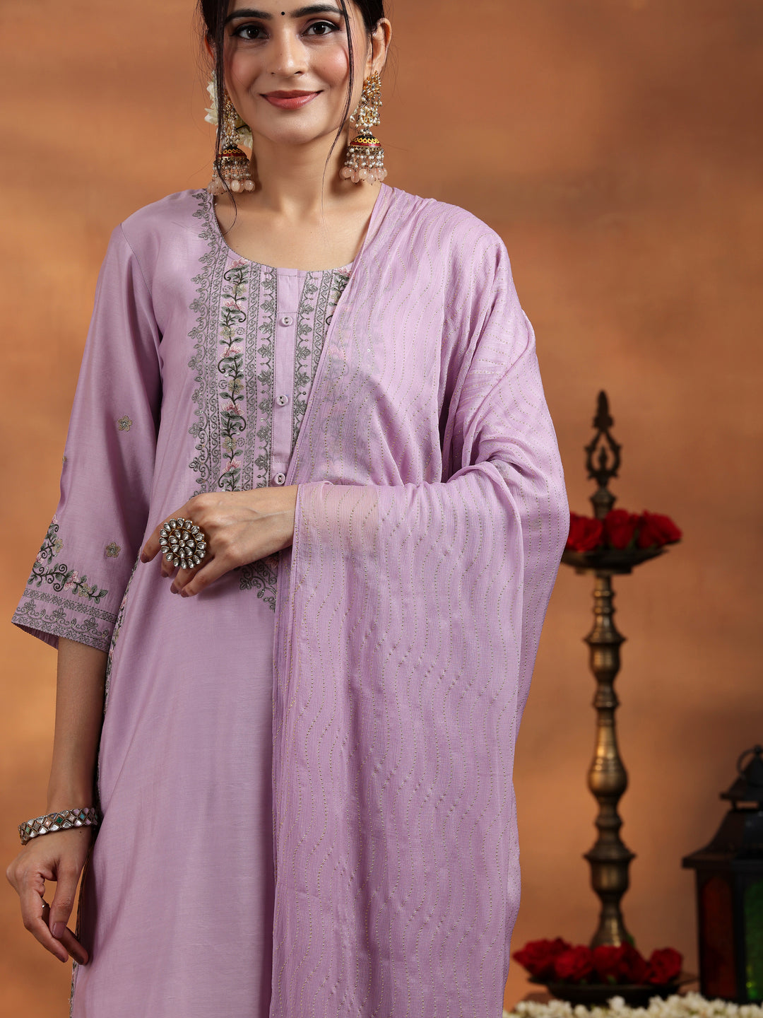 Lavender Embroidered Silk Blend Straight Suit With Dupatta