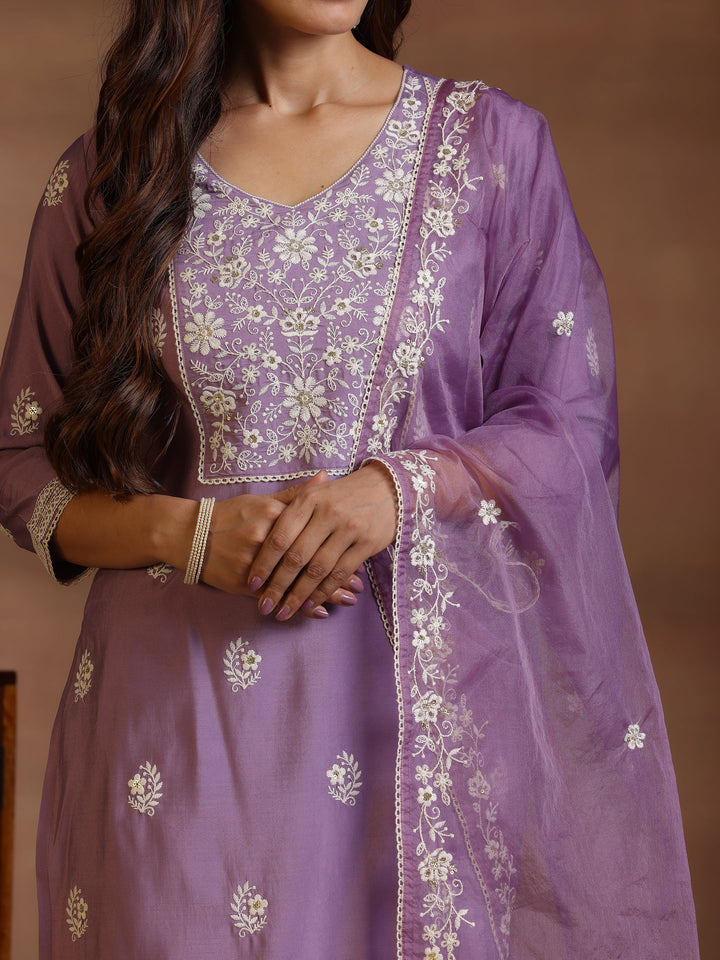 Mauve Embroidered Silk Blend Straight Suit With Dupatta