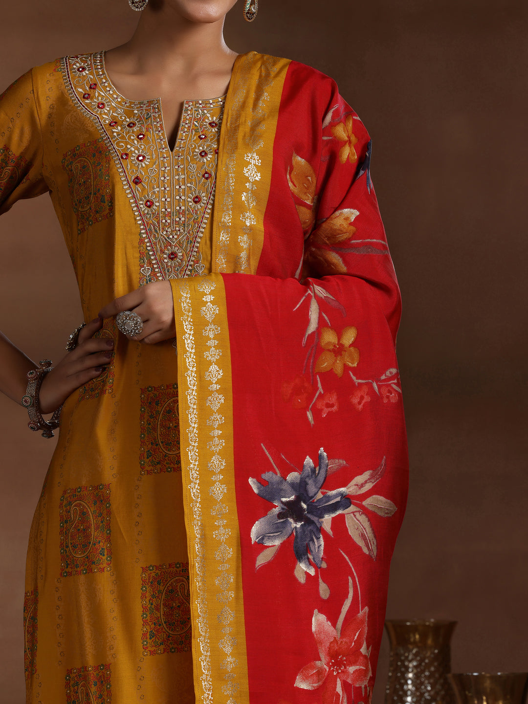 Mustard Printed Silk Blend Straight Suit With Dupatta