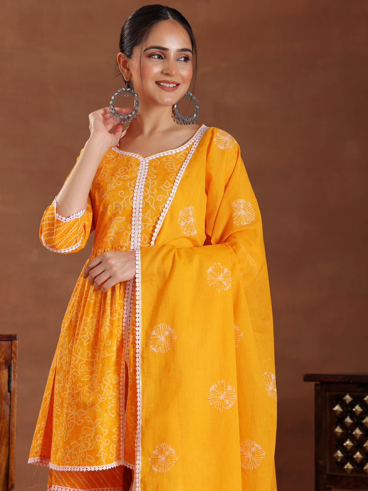 Mustard Printed Pure Cotton A-Line Kurti With Sharara & Dupatta