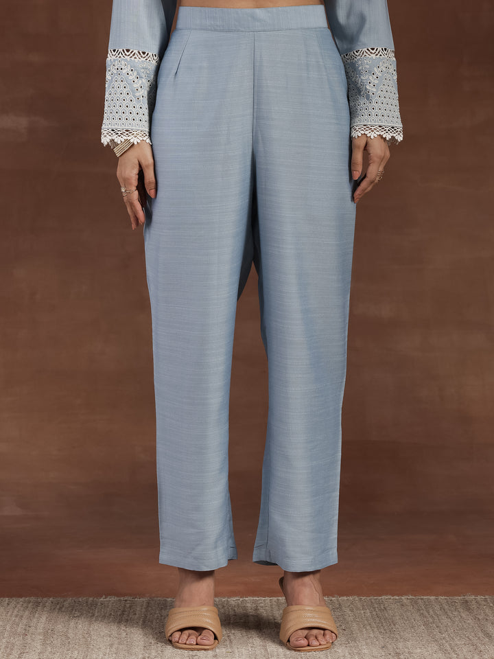 Blue Embroidered Silk Blend Straight Suit With Dupatta