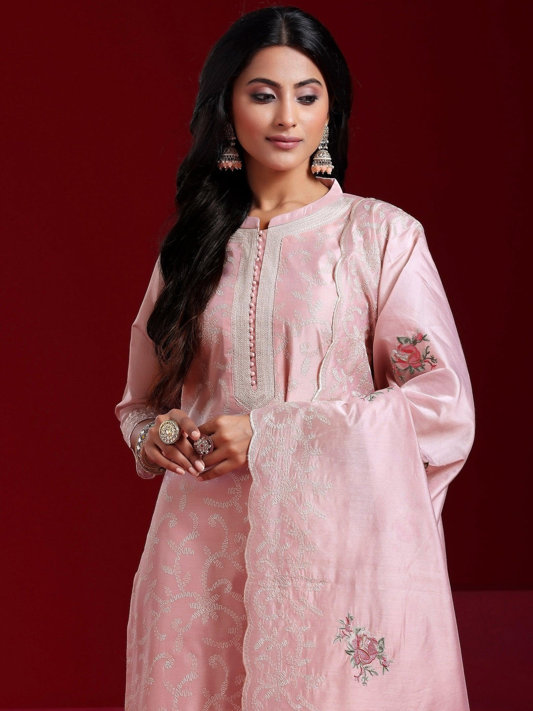 Libas Art Pink Embroidered Chanderi Silk Straight Suit With Dupatta