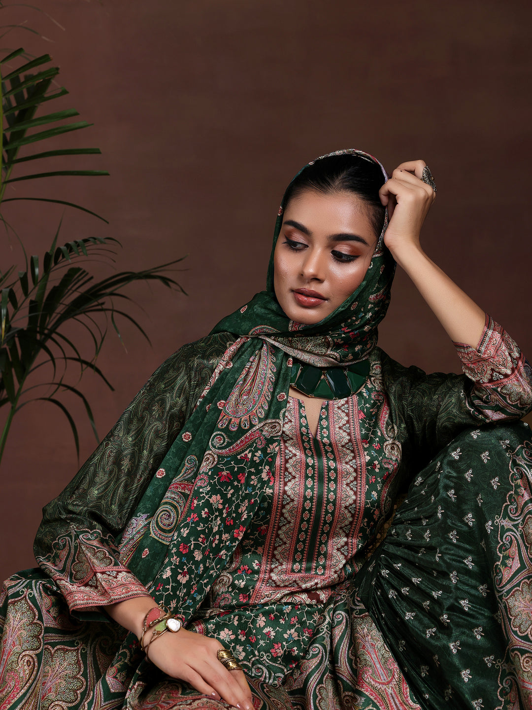 Green Printed Silk Blend Straight Suit With Dupatta