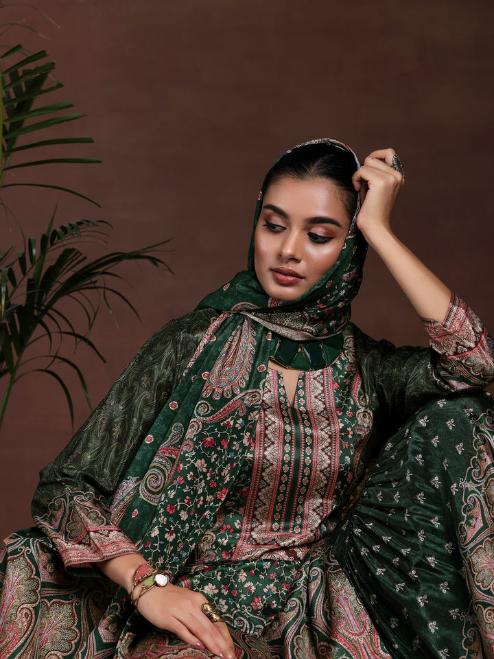 Green Printed Silk Blend Straight Suit With Dupatta