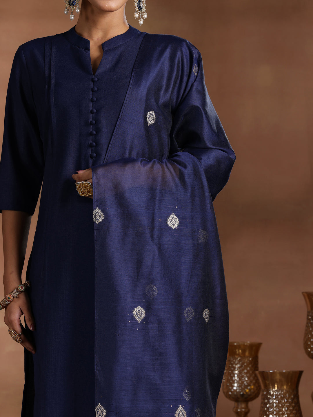 Navy Blue Solid Cotton Blend Straight Suit With Dupatta