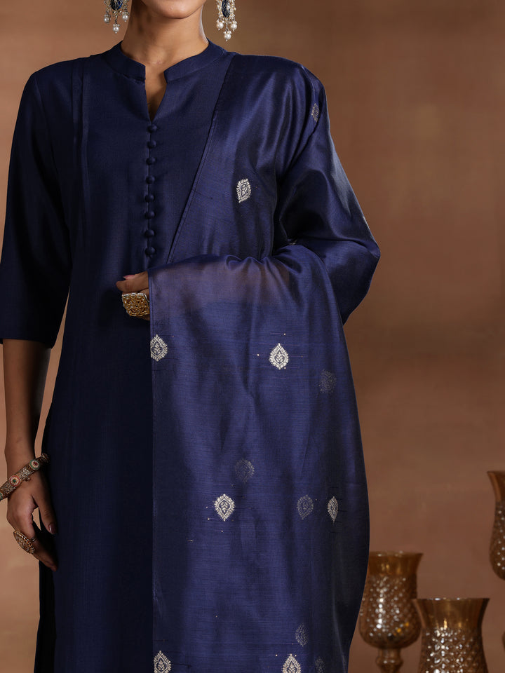 Navy Blue Solid Cotton Blend Straight Suit With Dupatta