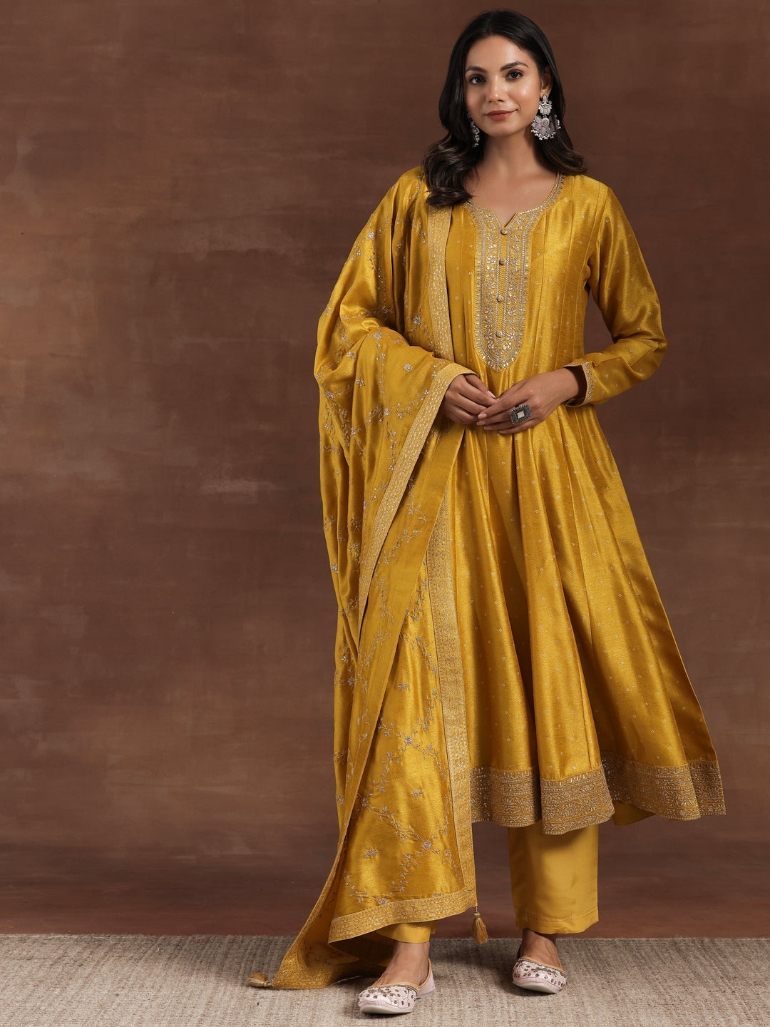 Mustard Embroidered Silk Blend A-Line Kurta With Palazzos & Dupatta