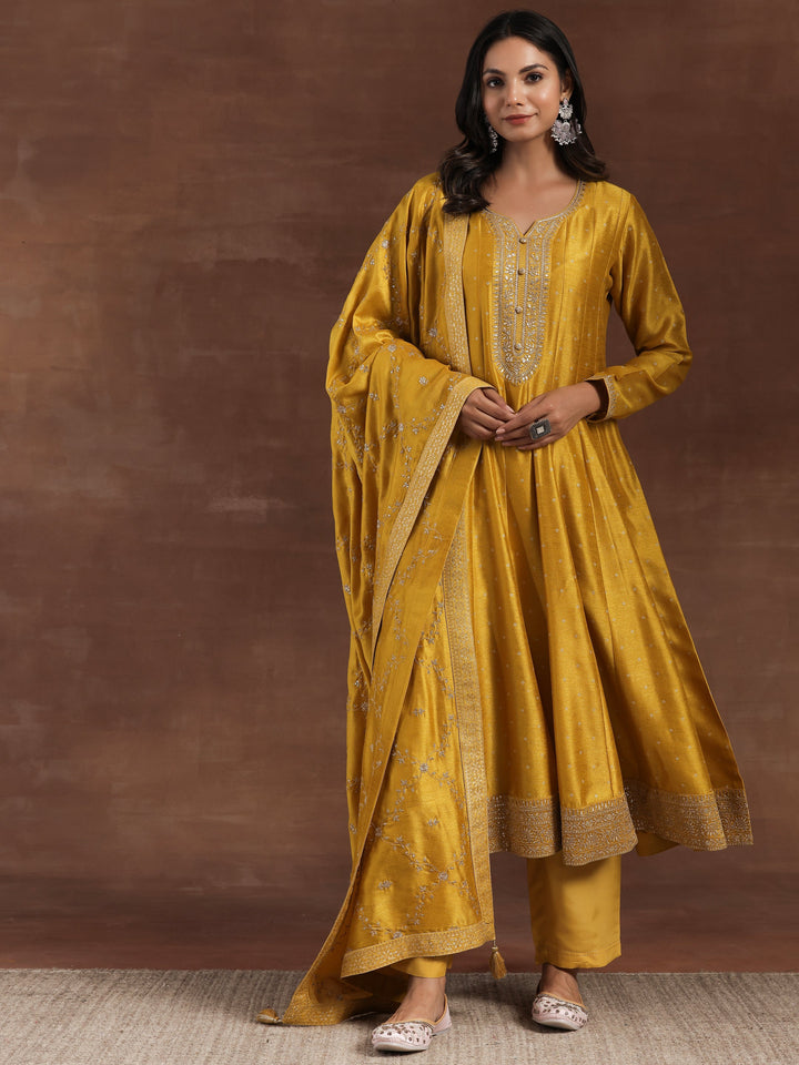 Mustard Embroidered Silk Blend A-Line Kurta With Palazzos & Dupatta
