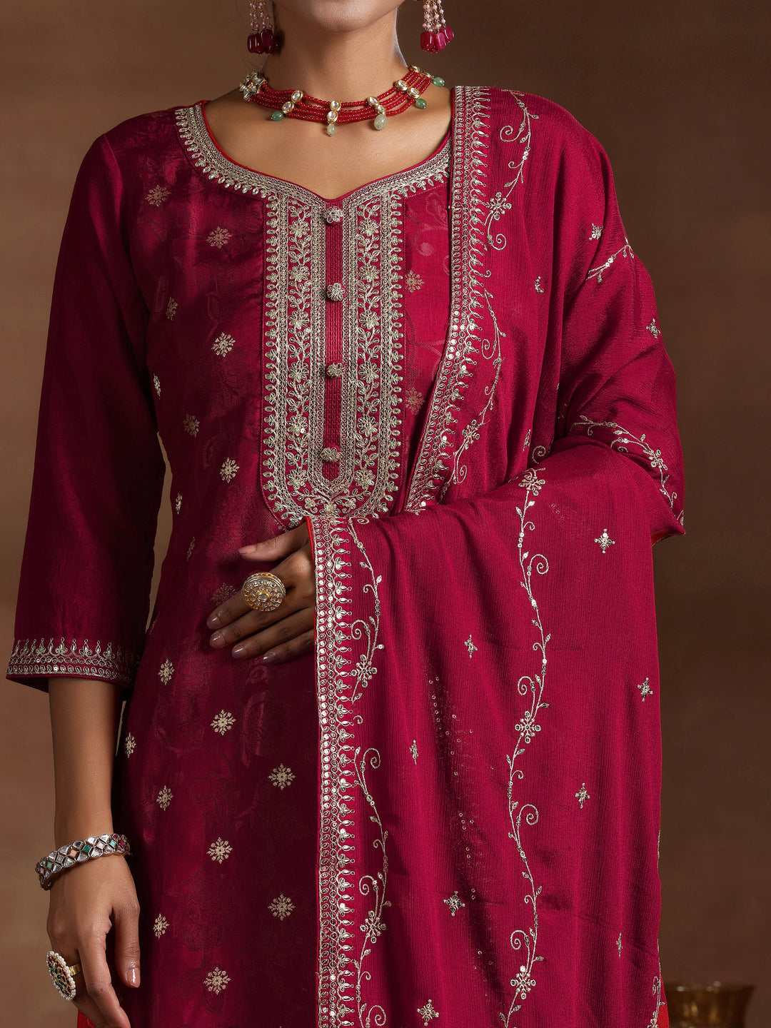 Maroon Woven Design Silk Blend Straight Suit With Dupatta