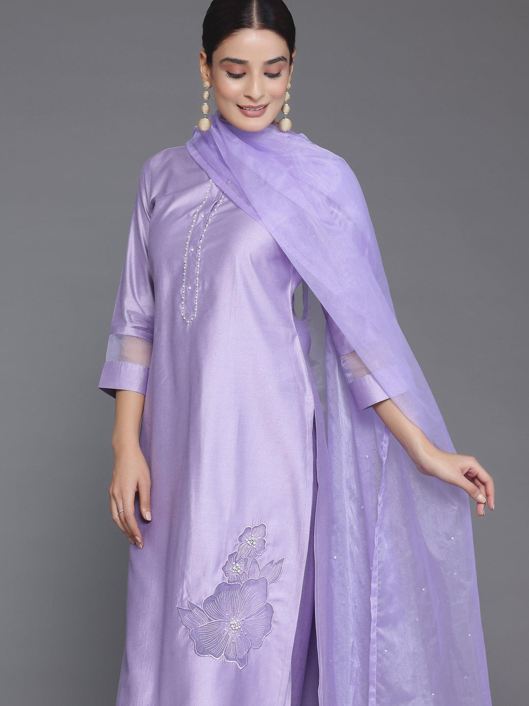 Lavender Solid Silk Blend Straight Suit With Dupatta