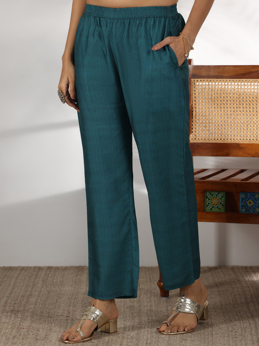 Teal Green Printed Silk Blend Straight Suit With Dupatta