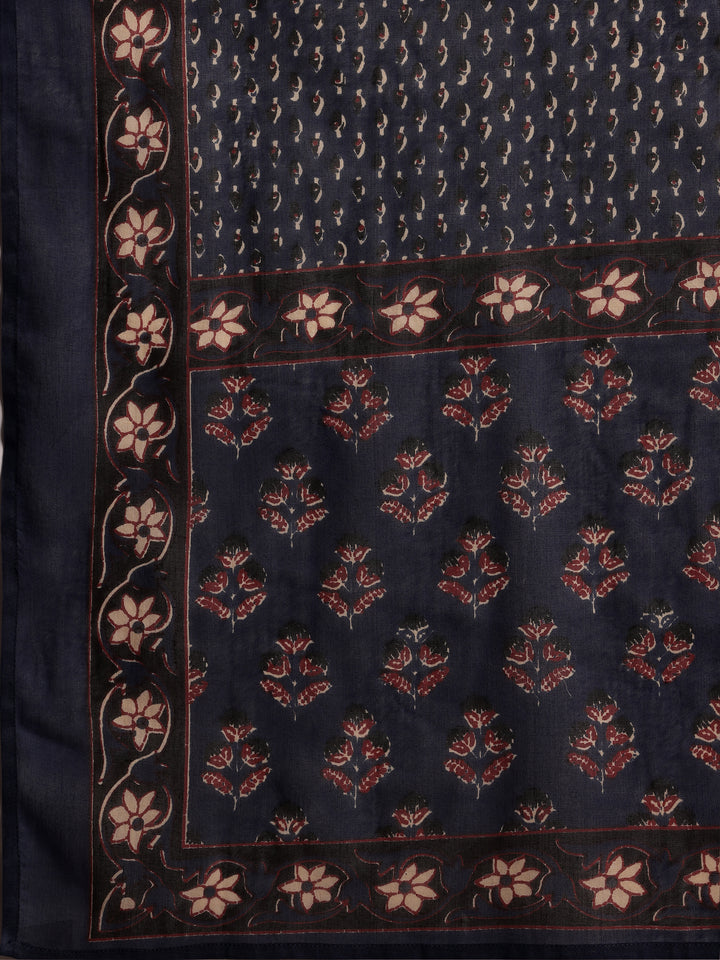 Blue Printed Cotton Straight Suit With Dupatta