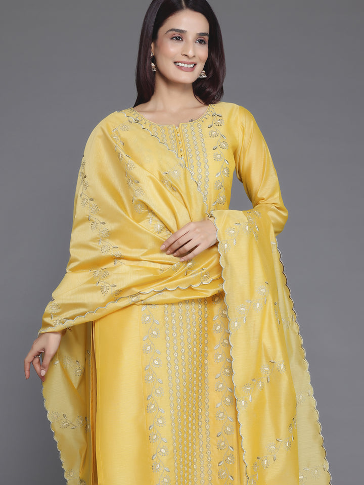 Yellow Embroidered Chanderi Silk Straight Suit With Dupatta