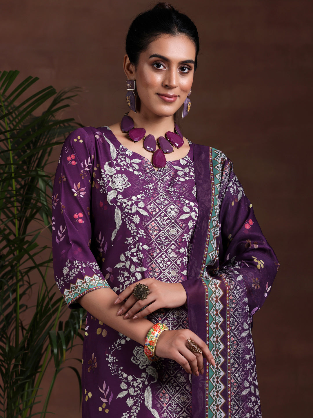 Wine Printed Poly Crepe Straight Suit With Dupatta