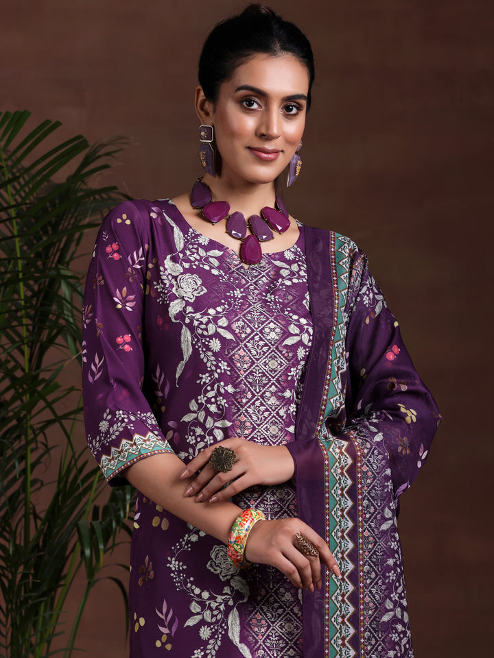 Wine Printed Poly Crepe Straight Suit With Dupatta