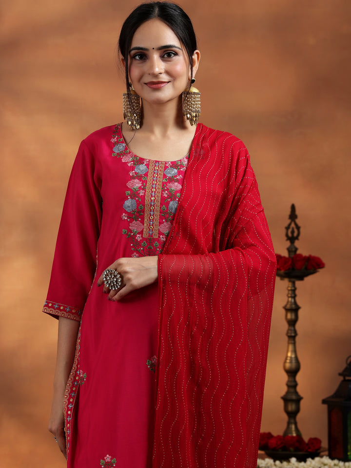 Pink Embroidered Silk Blend Straight Suit With Dupatta