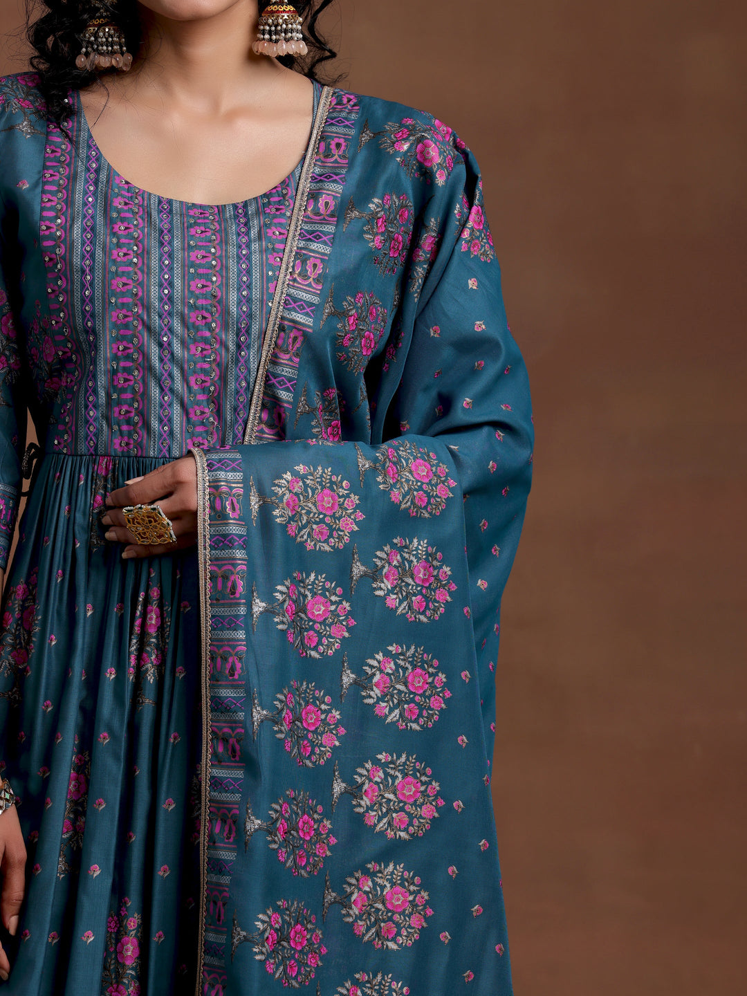 Blue Printed Silk Blend A-Line Kurta With Palazzos & Dupatta