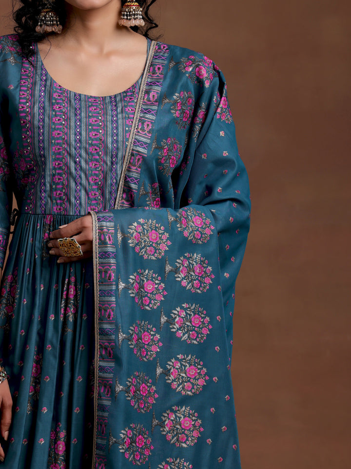 Blue Printed Silk Blend A-Line Kurta With Palazzos & Dupatta