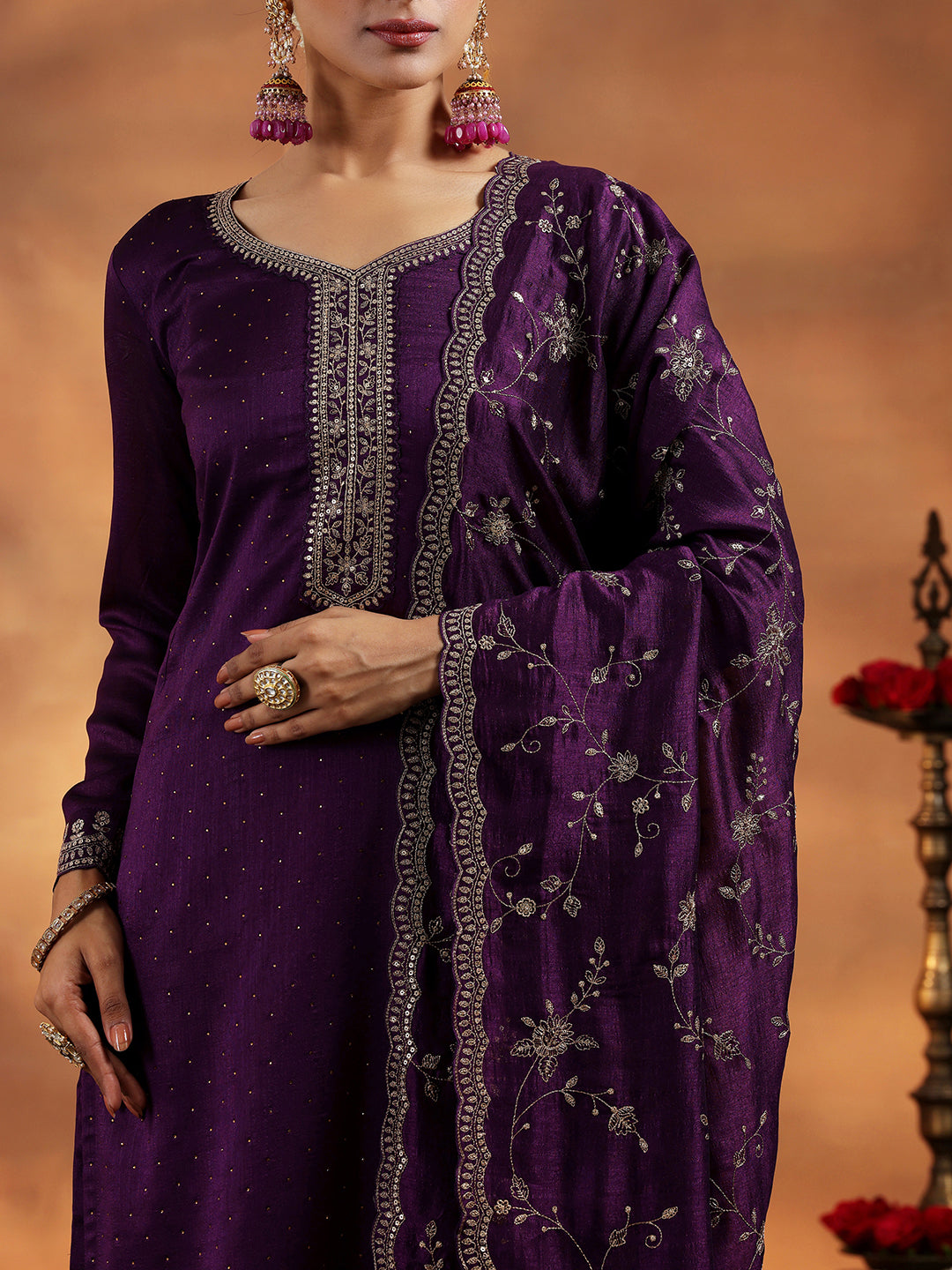 Wine Embroidered Silk Blend Straight Suit With Dupatta