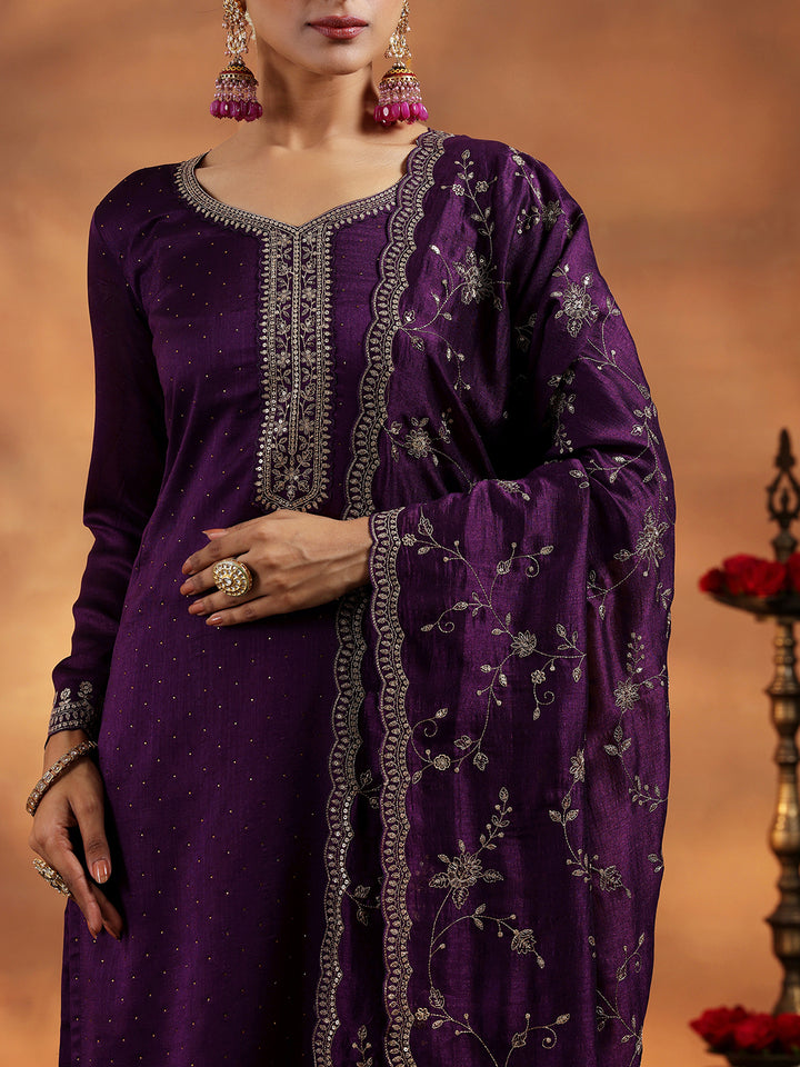 Wine Embroidered Silk Blend Straight Suit With Dupatta
