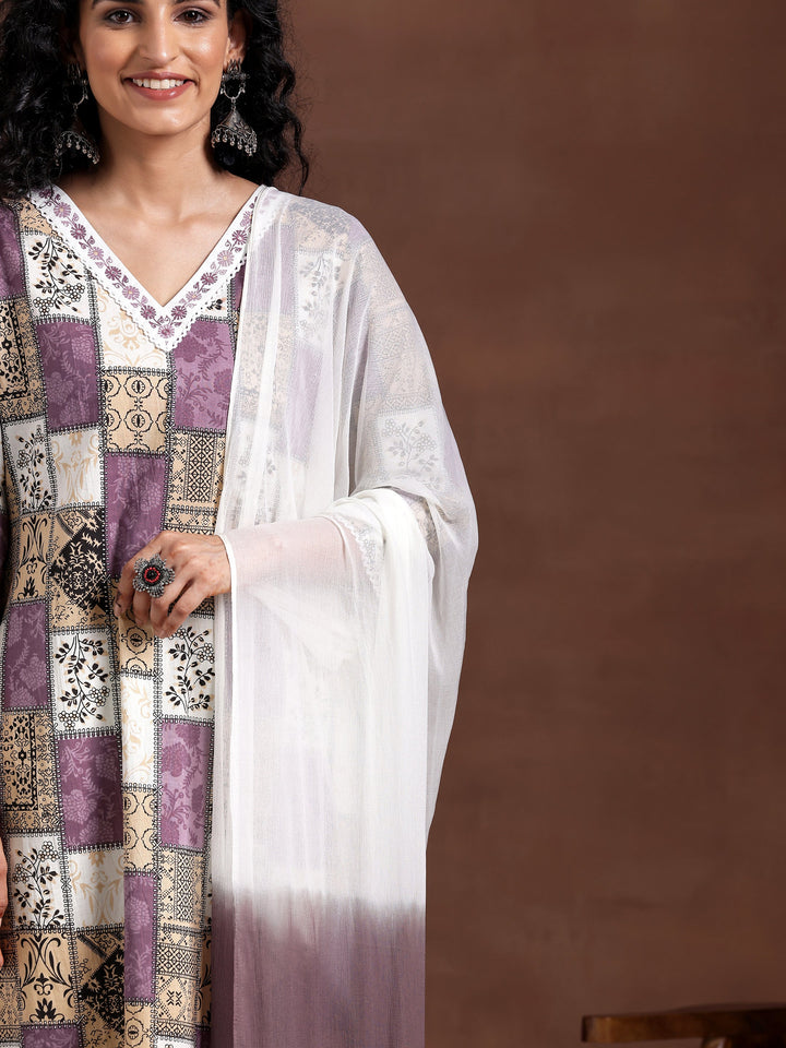 Off white Printed Cotton Straight Suit With Dupatta