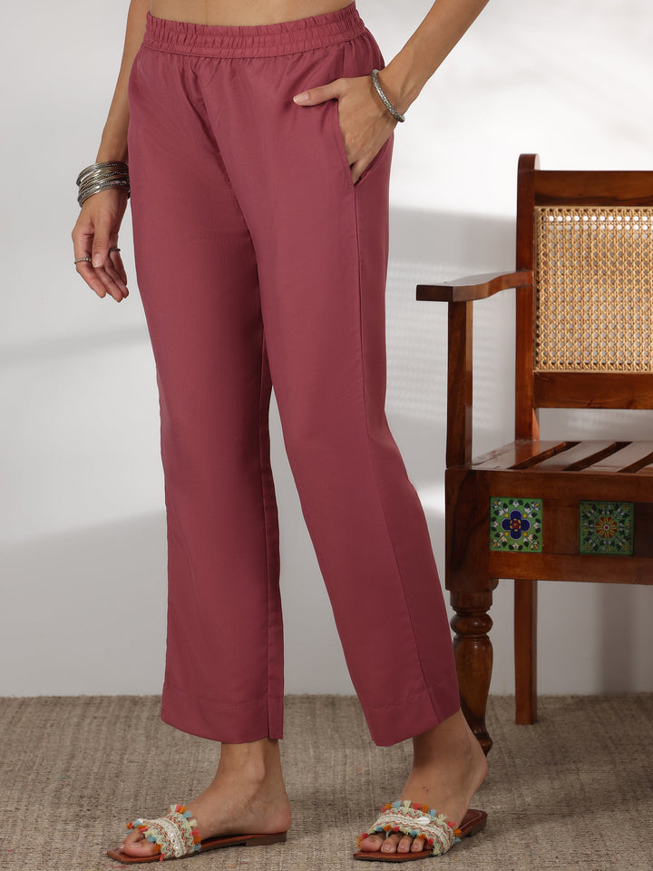 Mauve Printed Cotton Blend Straight Suit With Dupatta