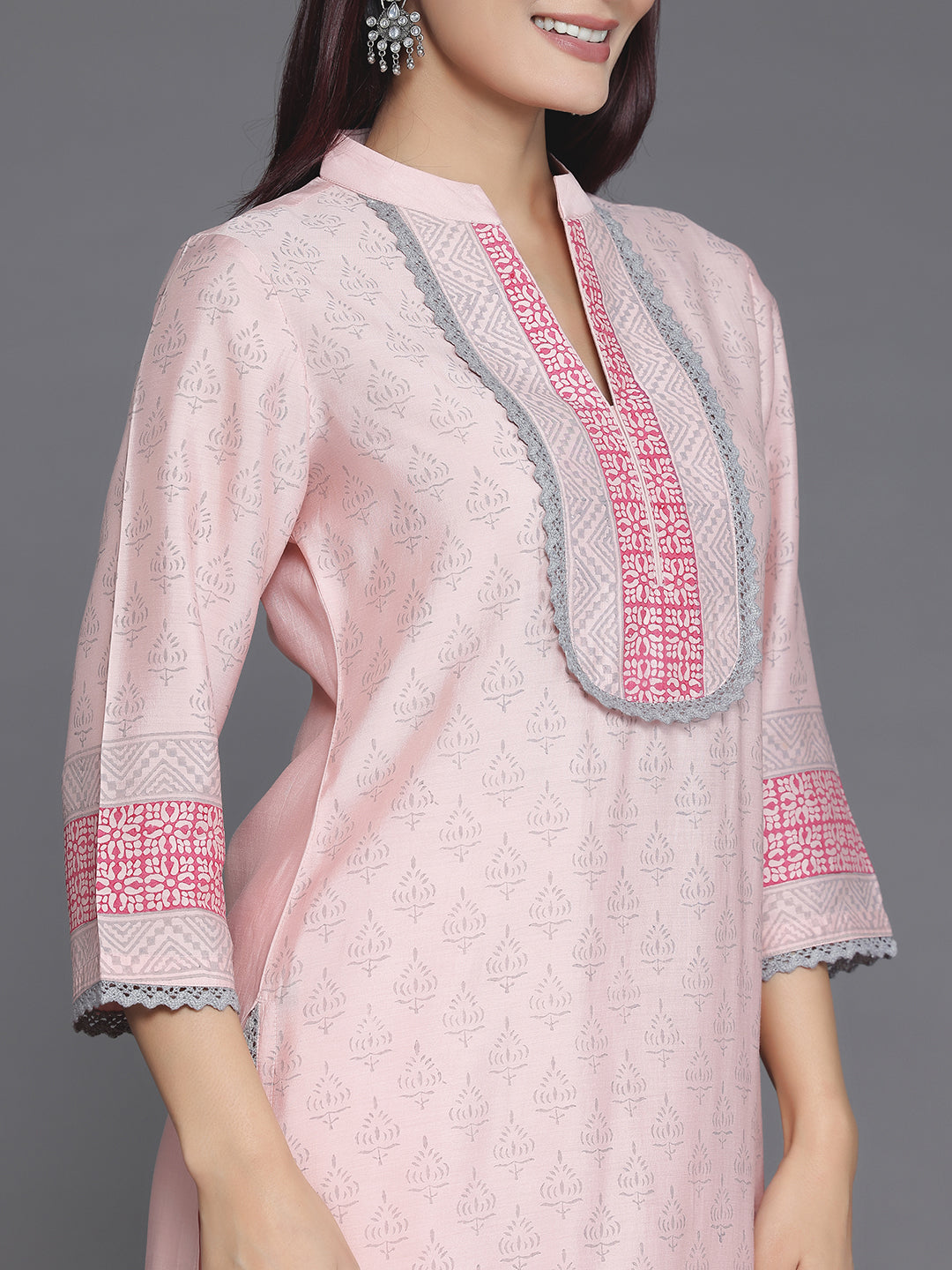 Peach Yoke Design Silk Blend Straight Suit With Dupatta