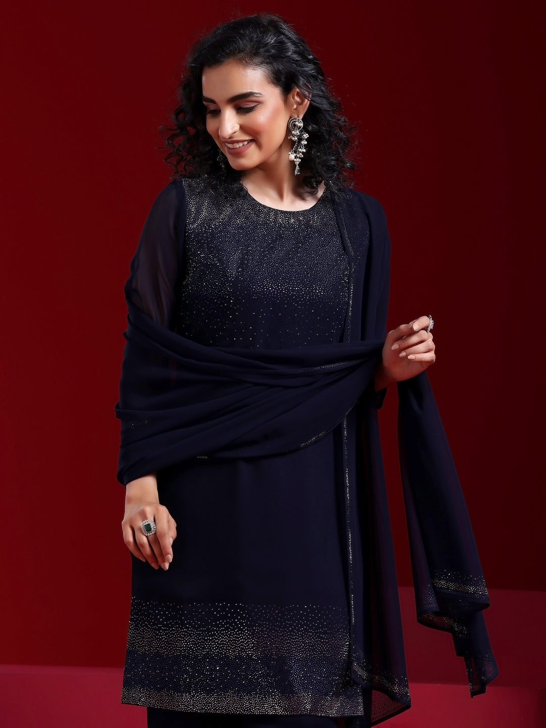 Libas Art Blue Solid Georgette Straight Suit With Dupatta