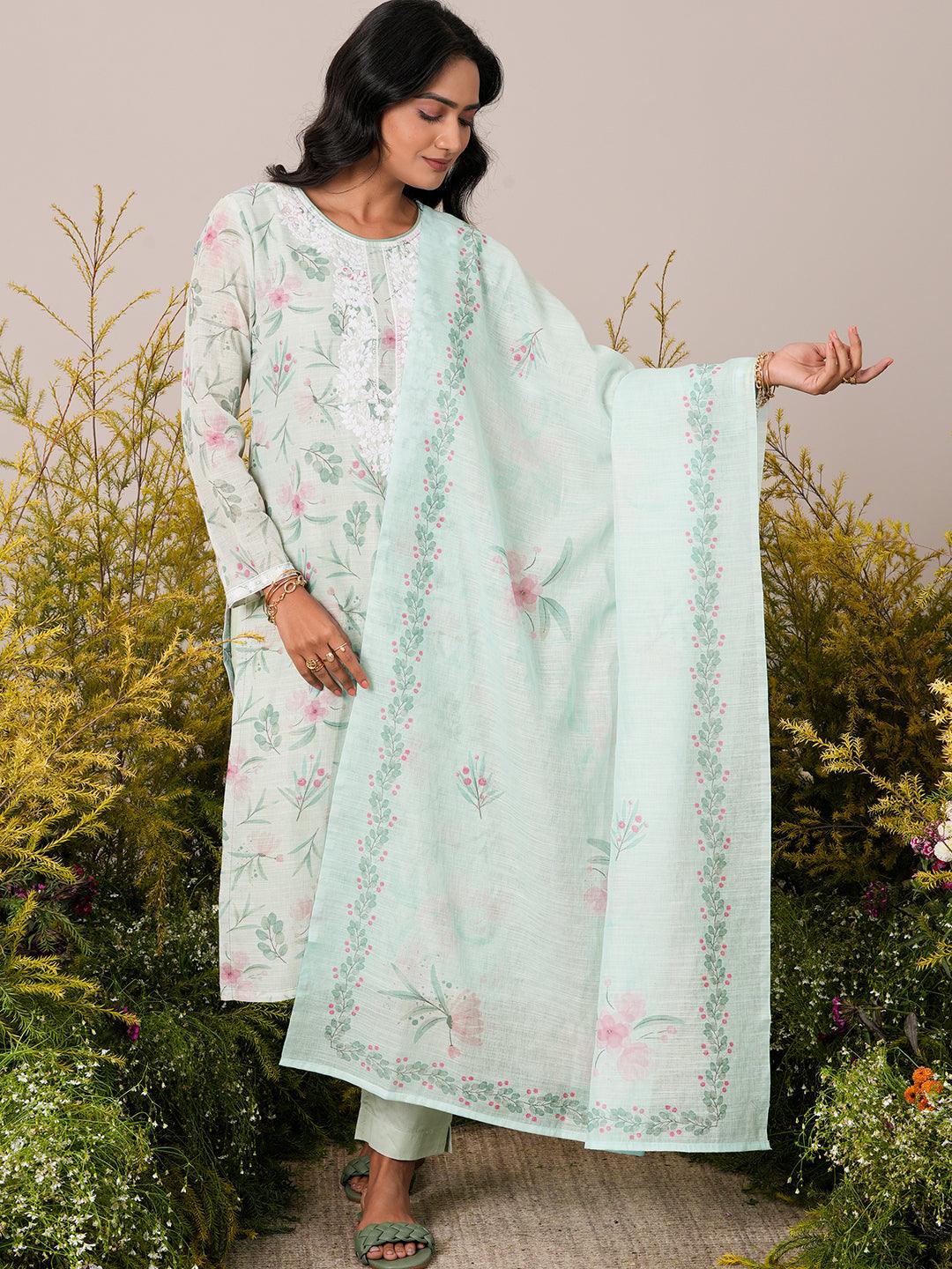 Green Printed Cotton Blend Straight Suit With Dupatta