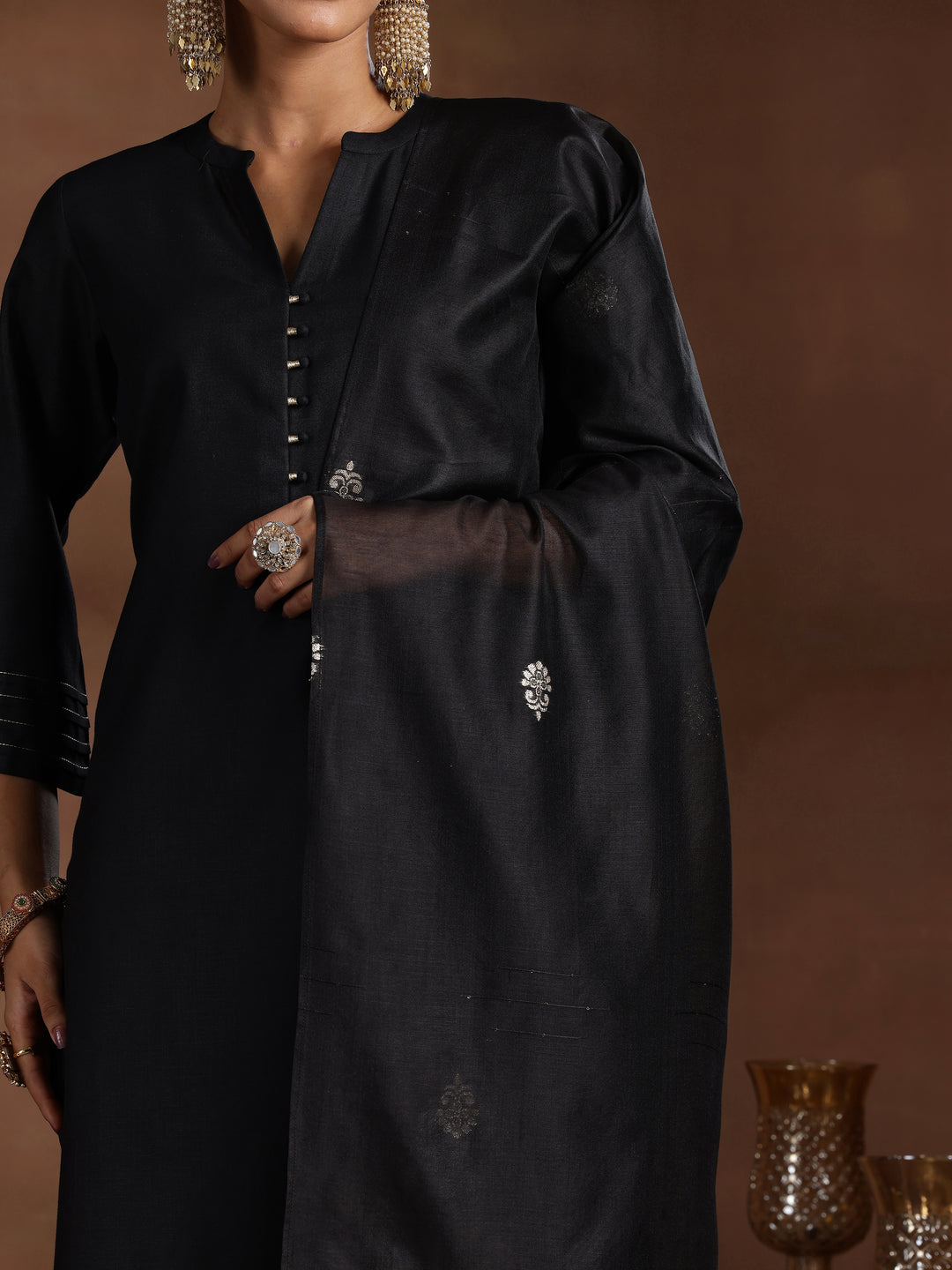 Black Solid Cotton Blend Straight Suit With Dupatta