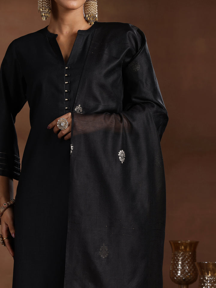 Black Solid Cotton Blend Straight Suit With Dupatta