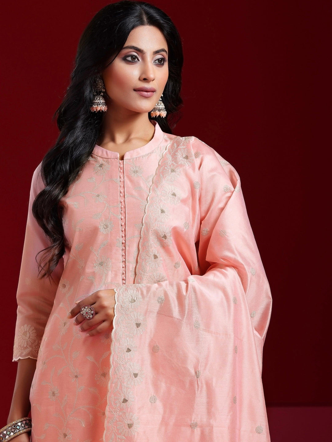 Libas Art Pink Embroidered Chanderi Silk Straight Suit With Dupatta