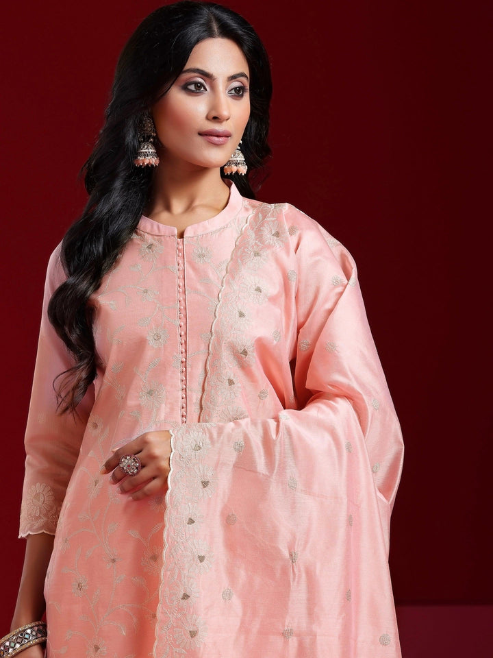 Libas Art Pink Embroidered Chanderi Silk Straight Suit With Dupatta