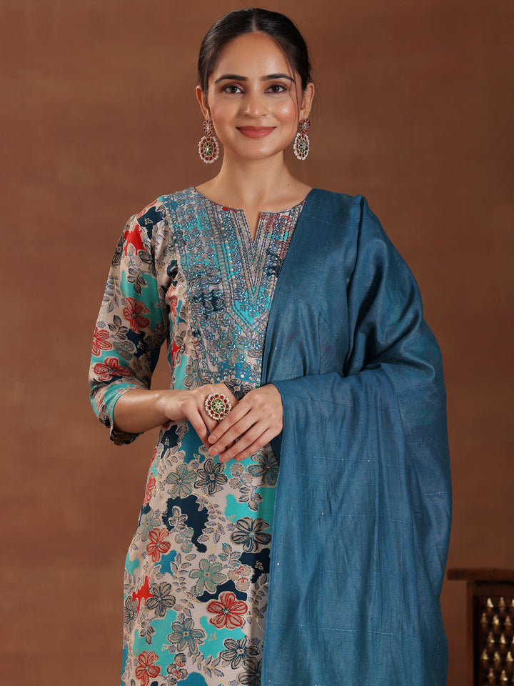 Blue Printed Silk Blend Straight Suit With Dupatta