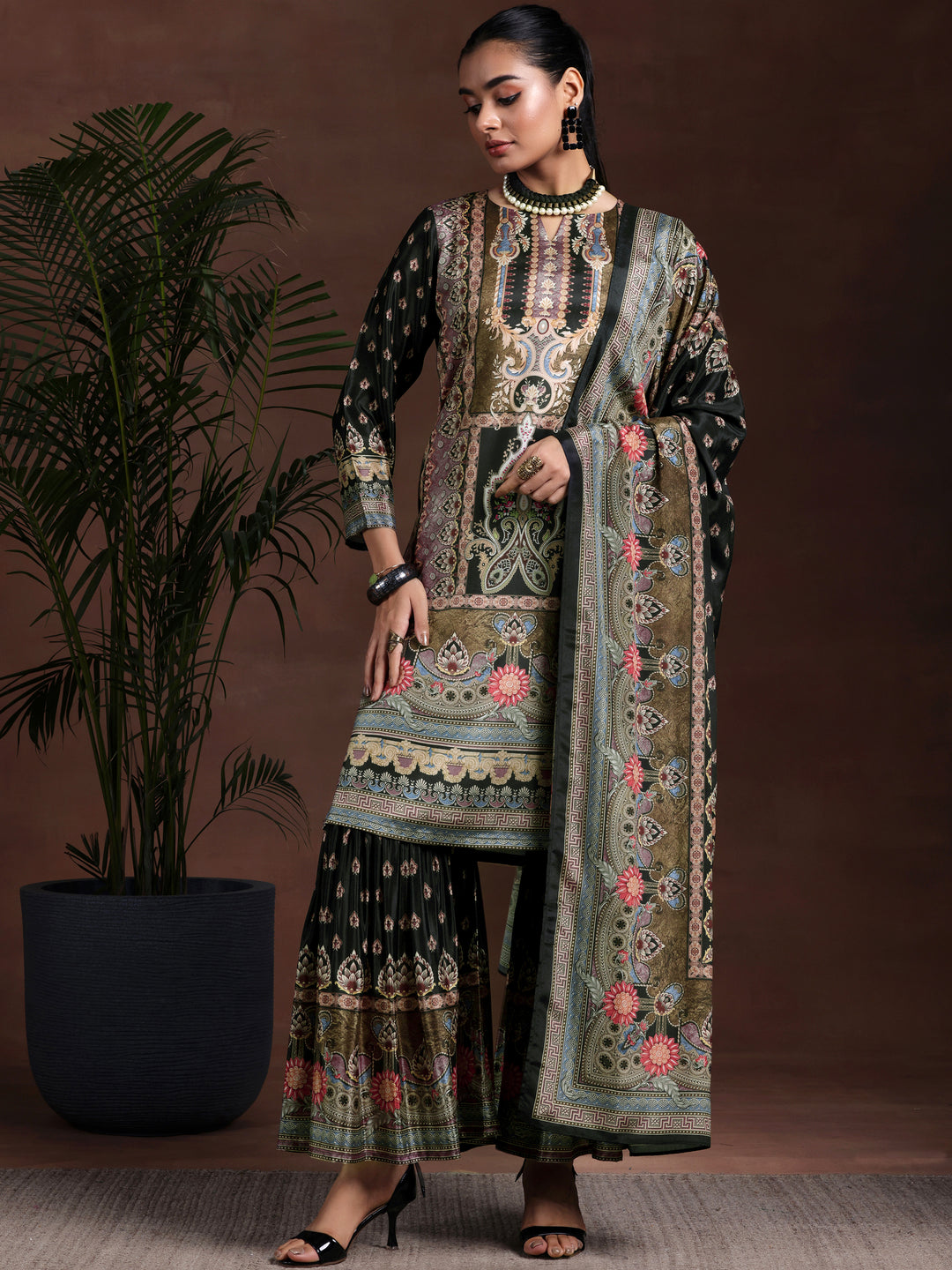 Multi Printed Silk Blend Straight Suit With Dupatta