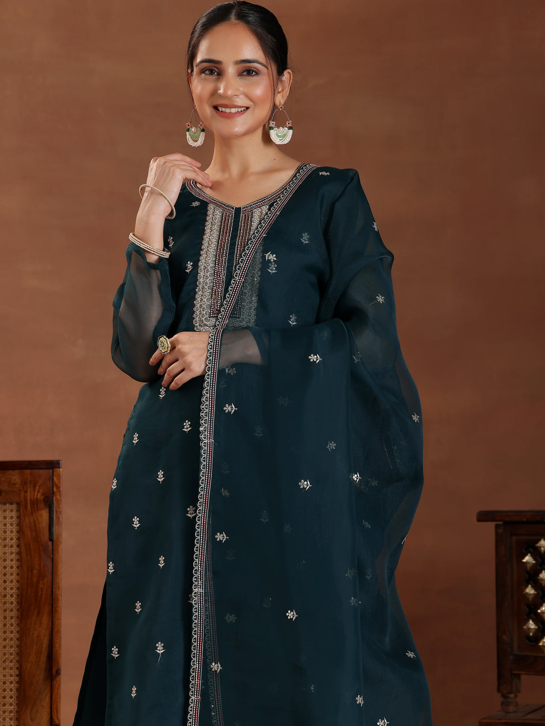 Green Embroidered Organza Straight Suit With Dupatta