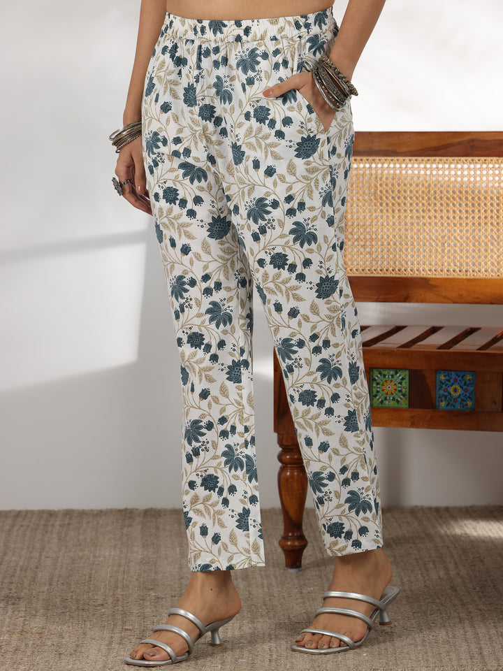 White Printed Cotton Straight Suit With Dupatta