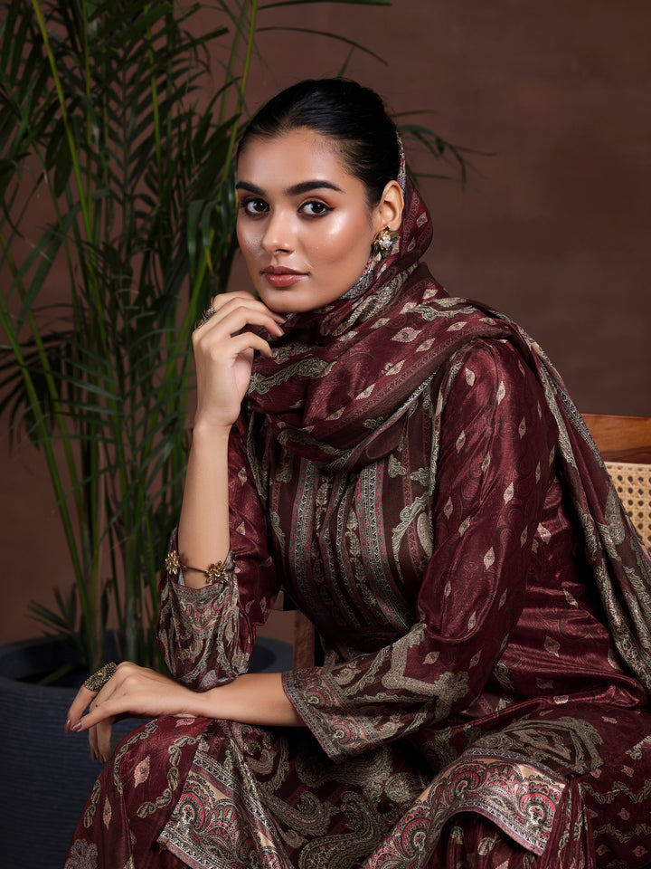 Brown Printed Silk Blend Straight Suit With Dupatta
