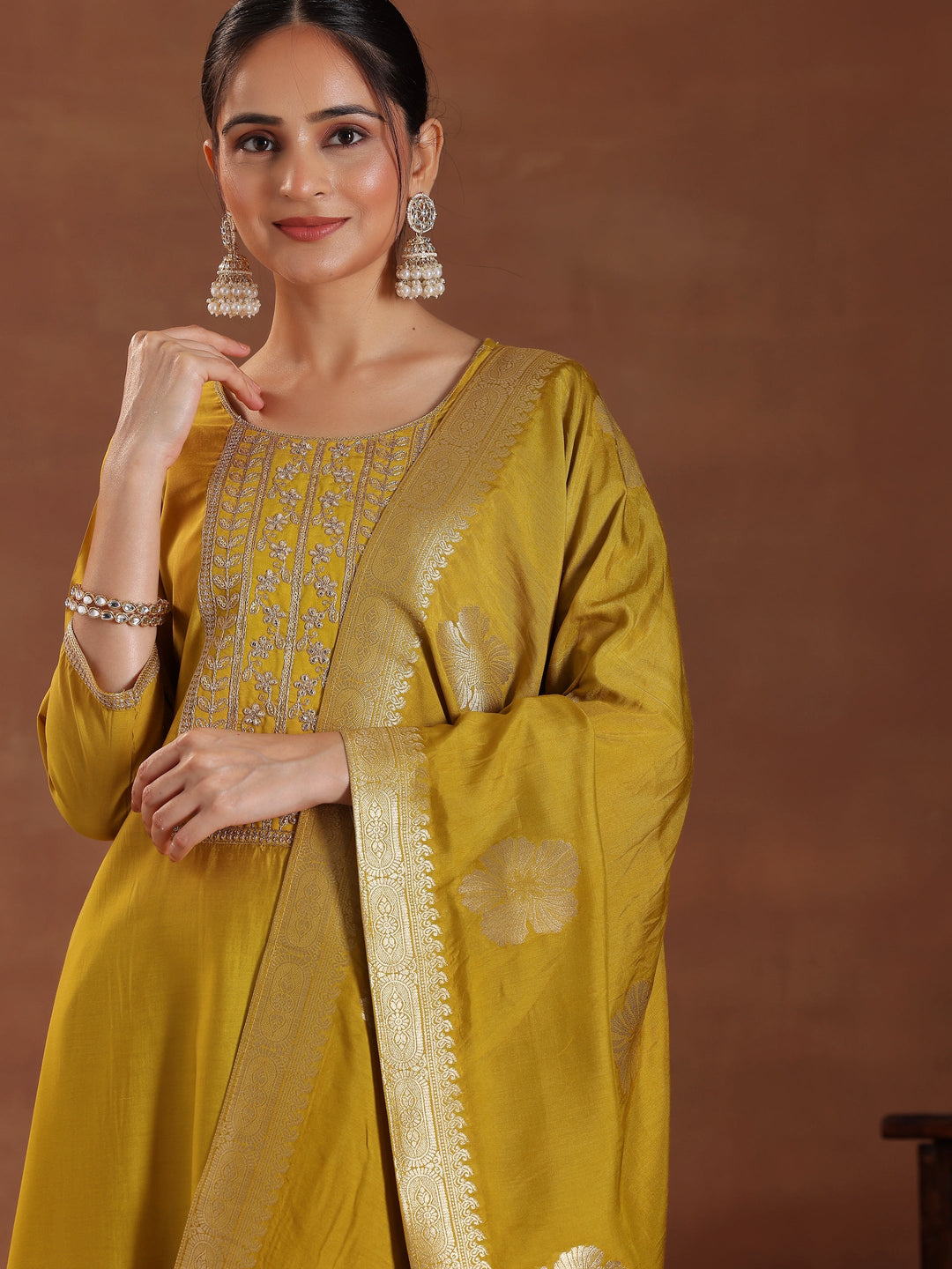 Mustard Yoke Design Silk Blend Straight Suit With Dupatta