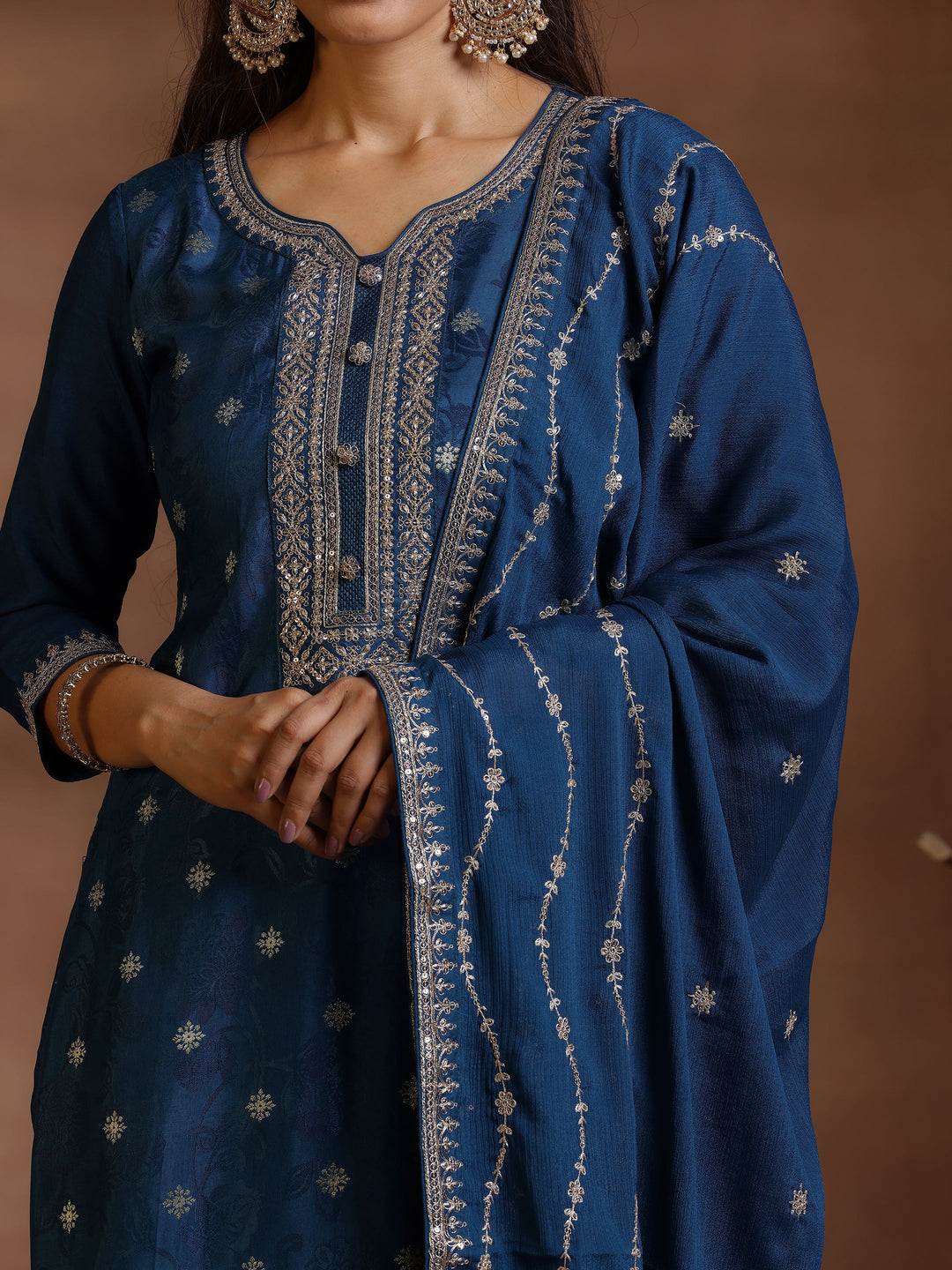 Navy Blue Woven Design Silk Blend Straight Suit With Dupatta