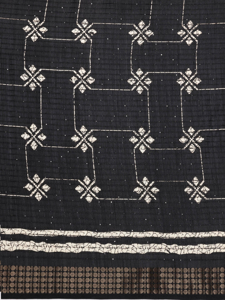 Black Printed Silk Blend Saree With Unstitched Blouse Piece