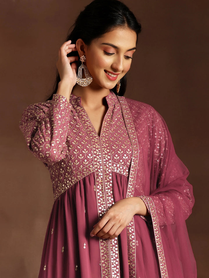Libas Art Chandni Mauve Embroidered Georgette A-Line Kurta With Trousers & Dupatta