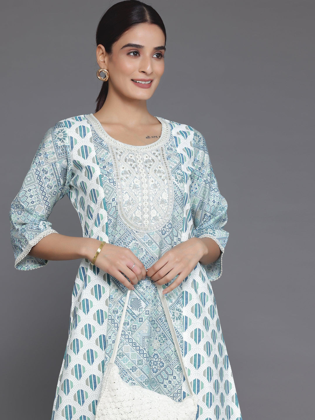 Blue Printed Silk Blend A-Line Kurta With Salwar