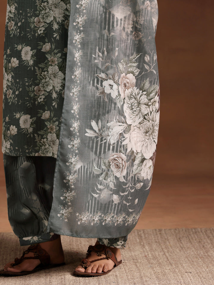 Grey Printed Cotton Straight Suit With Dupatta