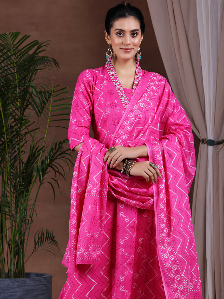 Pink Printed Cotton A-Line Kurta With Salwar & Dupatta