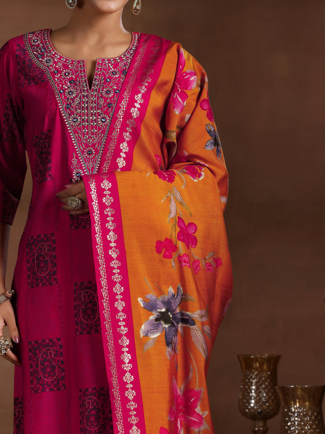 Pink Printed Silk Blend Straight Suit With Dupatta